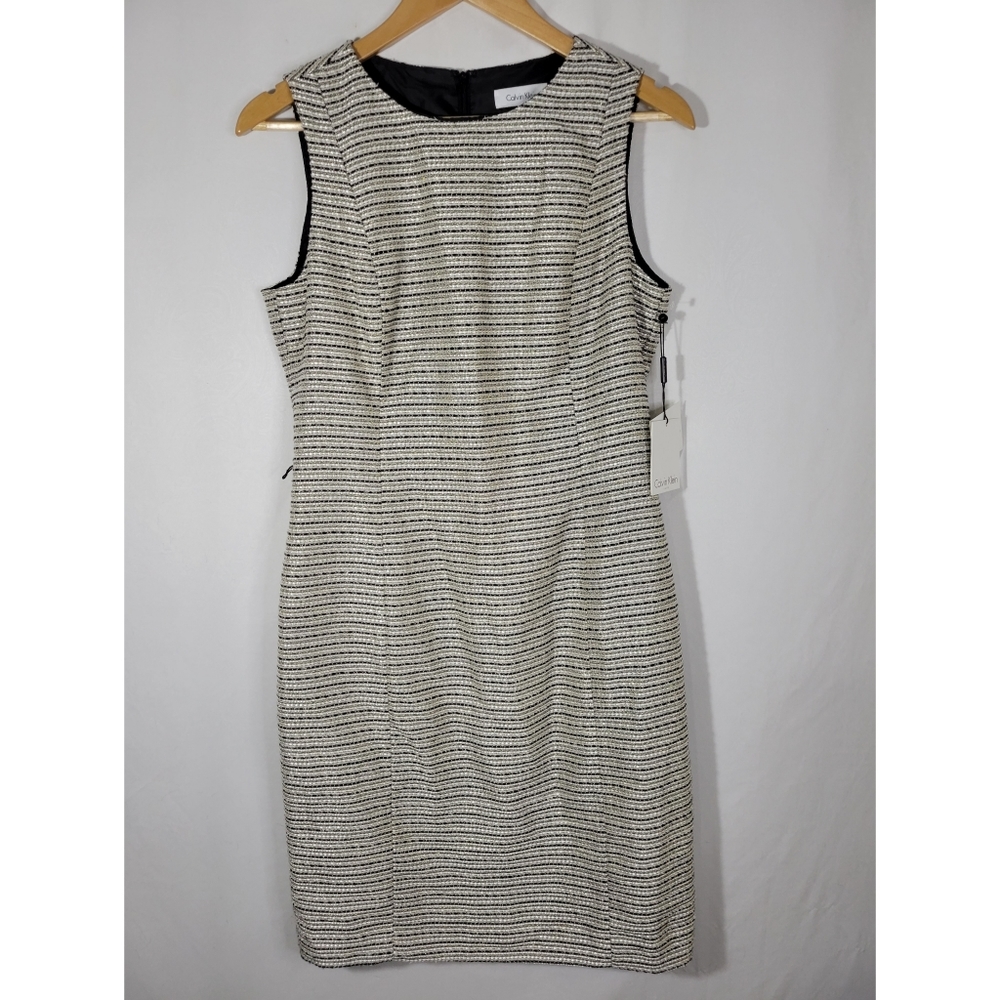 NWT Calvin Klein Black Gold Tweed Striped Sleeveless Dress Size 8